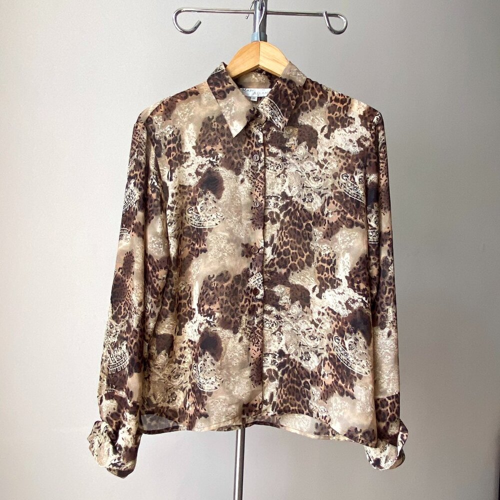 🍂 Y2K Vintage Animal Print Tan & Brown Flowy Button Down Shirt by Made by Marc